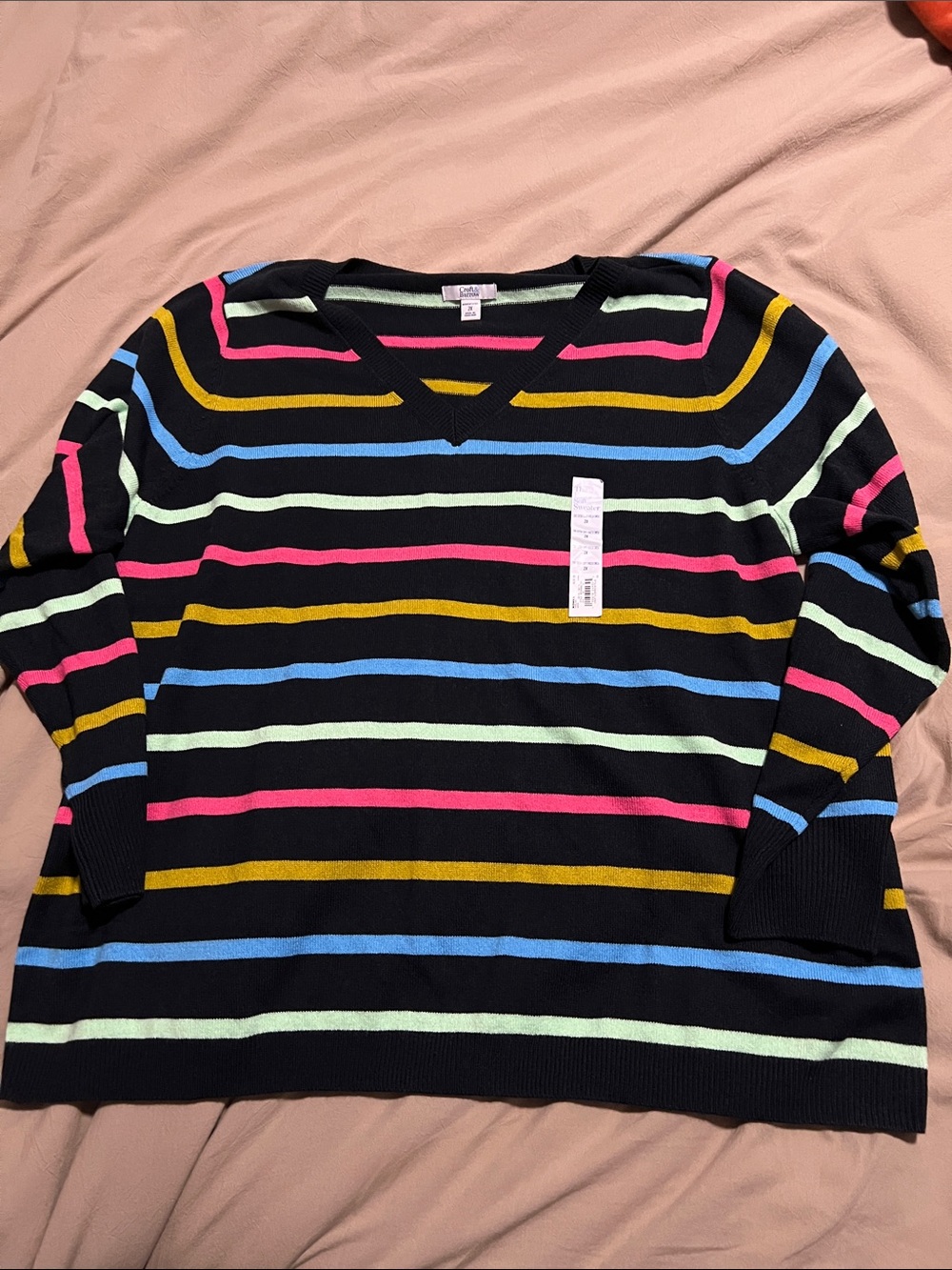 croft & barrow Black V‑Neck Sweater with Pink, Blue, Yellow & Mint Stripes